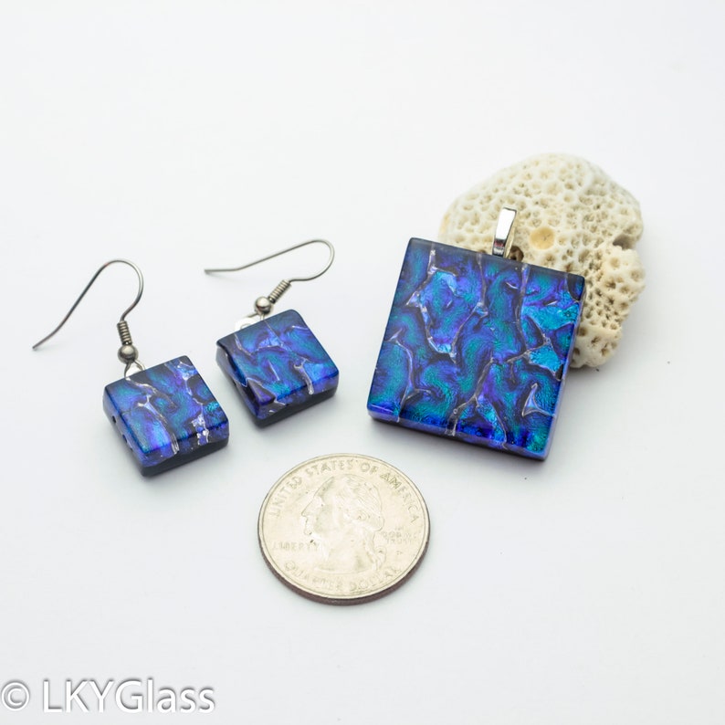 Chain Set34. Dichroic Dangling Earring Square Pendant Cobalt Blue Dichroic Glass Necklace Earring Set Complete Gift Fused Glass Pendant