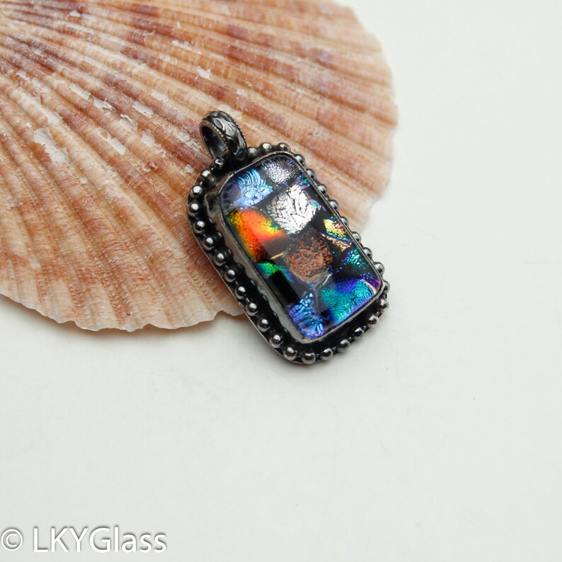 SSP47. Sterling Silver Jewelry Choker Pendant Chain Small Rainbow Fused Glass Pendant Blue Green Silver Brown Dichroic Glass Pendant