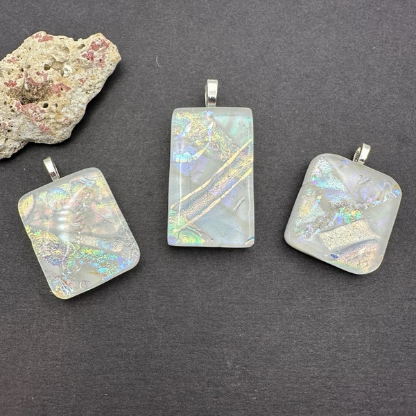 Simple but Colorful Handmade White Dichroic Glass Pendant, Dichroic Pendant, Fused Glass Pendant, Chain P1210-1 .