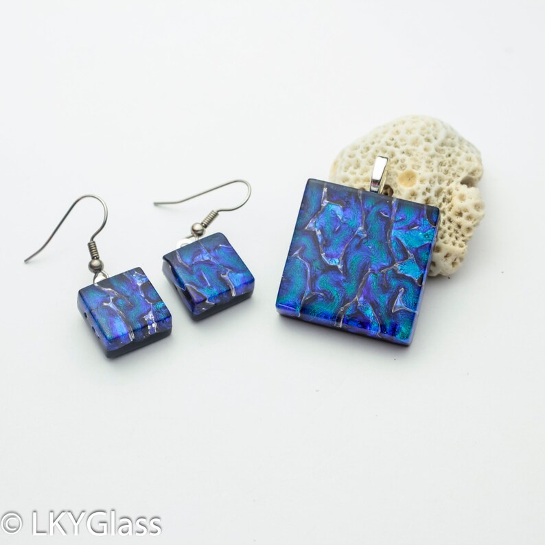 Chain Set34. Dichroic Dangling Earring Square Pendant Cobalt Blue Dichroic Glass Necklace Earring Set Complete Gift Fused Glass Pendant