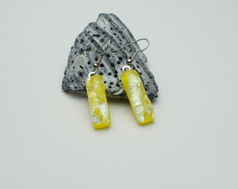 Sunflower Yellow and Silver Dichroic Drop Earrings, Fused Glass Dangle Earrings, Dangling Earrings, Dichroic Glass Jewelry, E1108-5 .