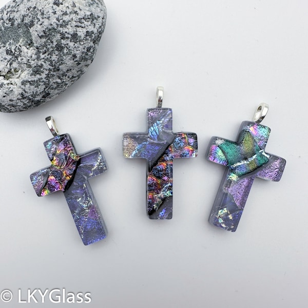 Purple Dichroic Glass Pendant Necklace, Lavender Fused Glass Cross, Violet Cross, Pastor Gift, Minister, Get Well Gift, Chain, CR501 Series