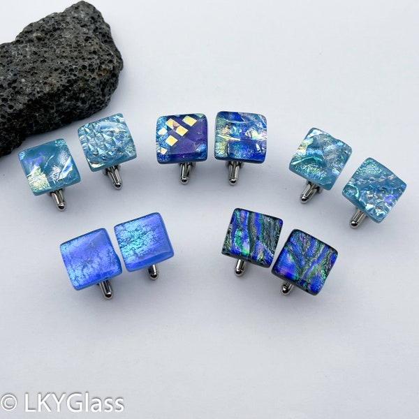 Dark Blue Handmade Dichroic Fused Glass Cufflinks, Light Blue Dichroic Glass Cuff Link, Unique Glass Cuff Link, Formal Attire, CL0816