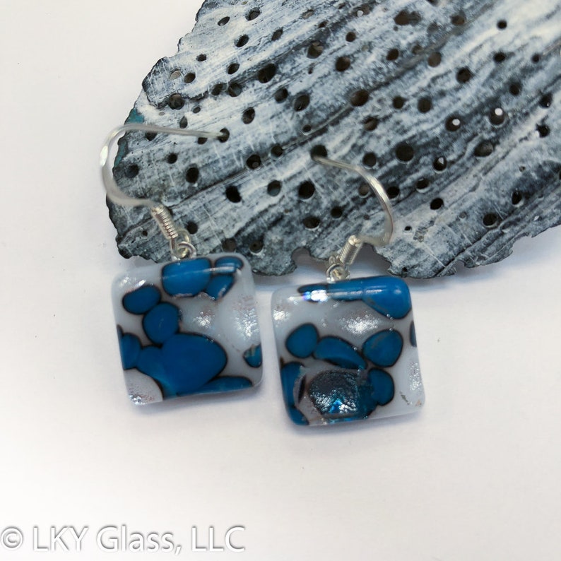 E1208-16. Dangle Glass Earring White Dichroic Glass Earring Dangling Earring Unisex Drop Earring Blue White Fused Glass Earring