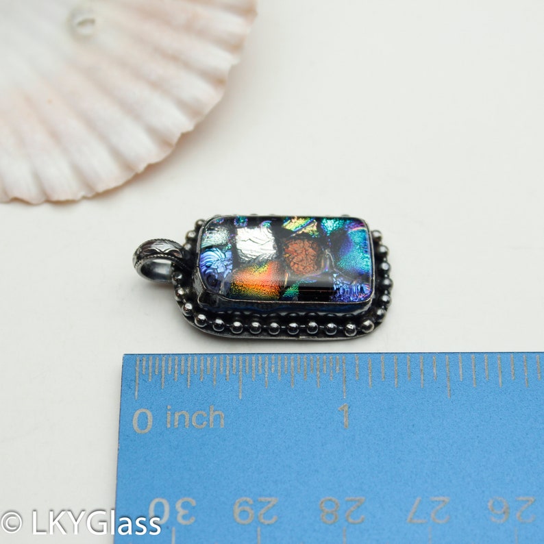 SSP47. Sterling Silver Jewelry Choker Pendant Chain Small Rainbow Fused Glass Pendant Blue Green Silver Brown Dichroic Glass Pendant