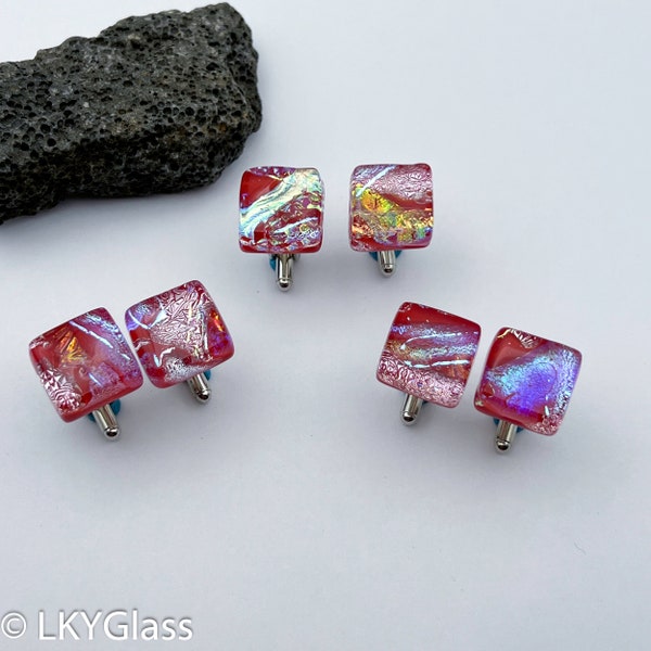 Sparkling Red Fused Glass Cufflinks, Dichroic Valentines Cuff Links, Christmas Cuff Links, Formal Wedding Attire, Dichroic Jewelry, CL0201