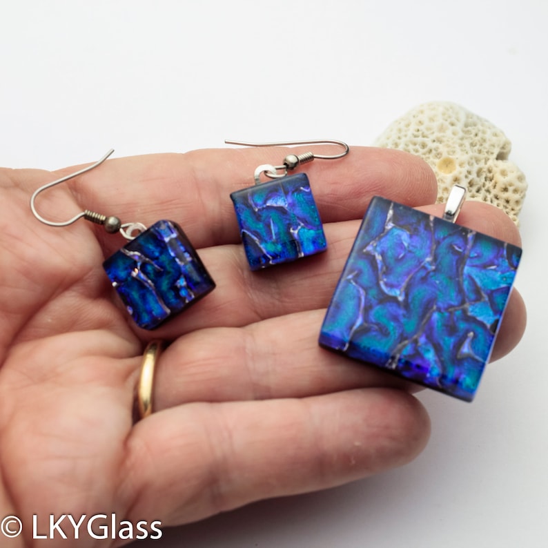 Chain Set34. Dichroic Dangling Earring Square Pendant Cobalt Blue Dichroic Glass Necklace Earring Set Complete Gift Fused Glass Pendant
