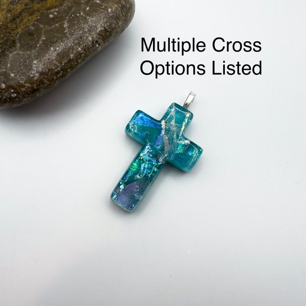 Handmade Turquoise Blue Green Cross Necklace, Fused Glass Cross, Dichroic Cross Pendant, Gift for Pastor, Snake Chain, CR1304