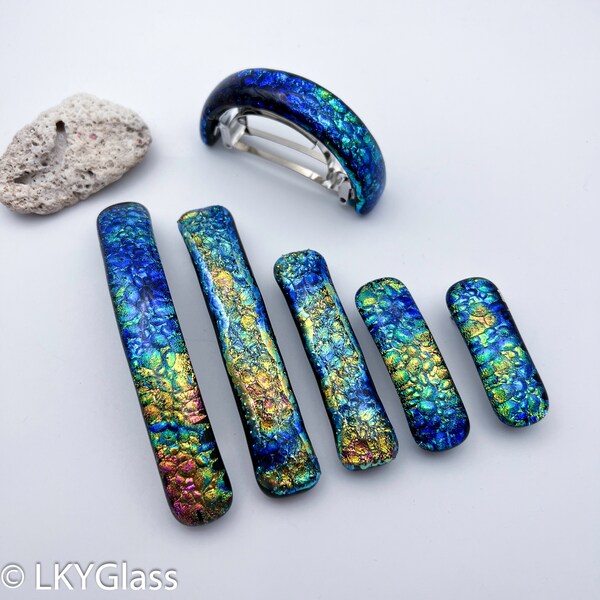 Sparkling Blue Green Yellow Gold Dichroic Glass Barrette, French Barrette, Nonslip Clasp, Fine Hair Barrette, Ponytail Cuff, GMDBC .