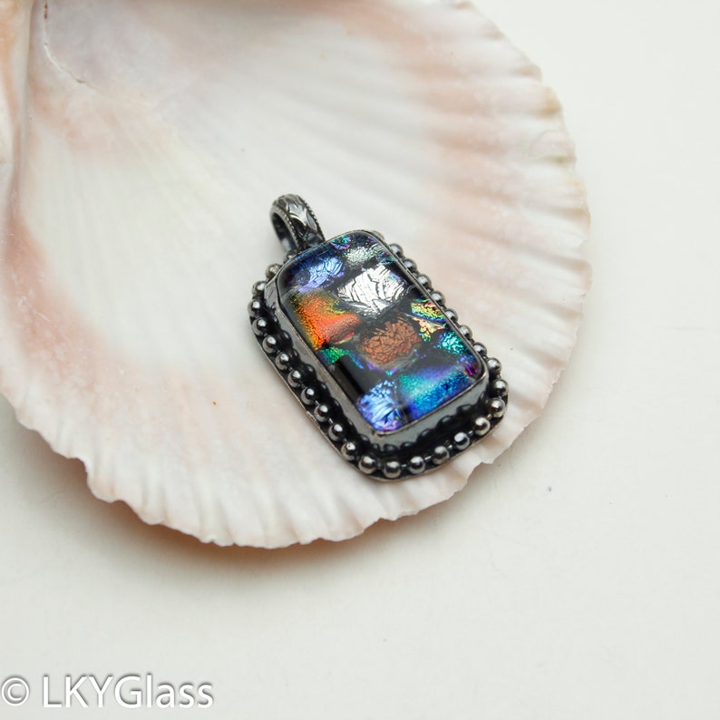 SSP47. Sterling Silver Jewelry Choker Pendant Chain Small Rainbow Fused Glass Pendant Blue Green Silver Brown Dichroic Glass Pendant