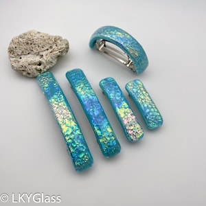 Sparking Turquoise Blue and Rainbow Dichroic Glass Hair Barrette, Side Hair Clip, French Barrette, Ponytail Hair Cuff, GMDTF