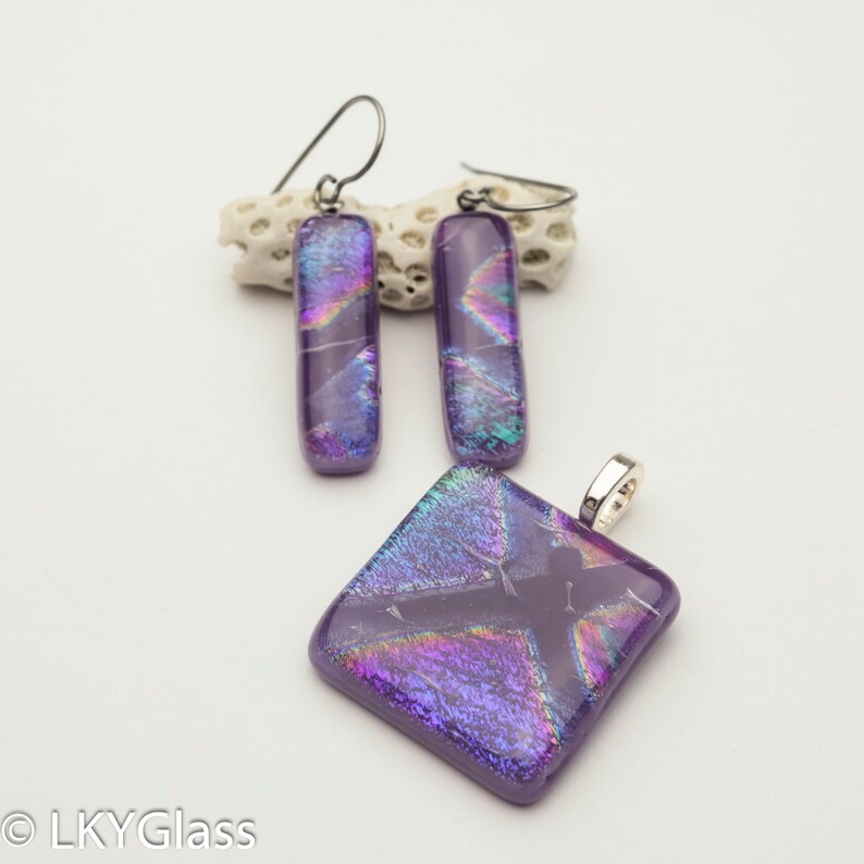 Chain Purple Dichroic Dangling Earring Unique Gift Set24 Purple Dichroic Glass Necklace Earring Set Purple Dichroic Pendant Earring Set