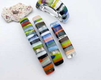 3 3/4" Colorful Striped Rainbow Fused Glass Hair Barrette, Side Hair Clip, Fine Hair Glass Barrette, Nonslip Hair Clip, STB10 .