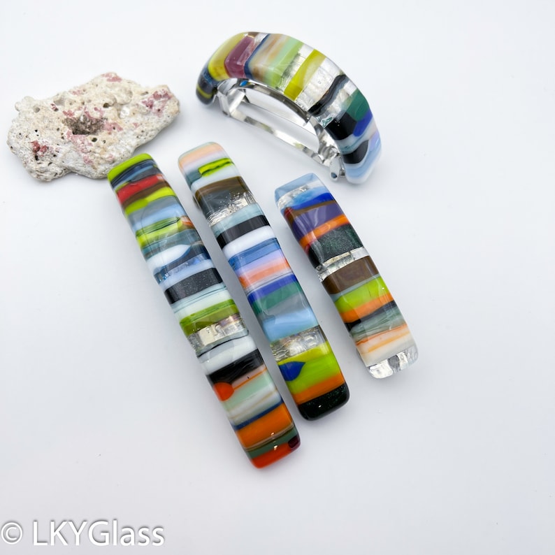 3 3/4 Colorful Striped Rainbow Fused Glass Hair Barrette, Side Hair Clip, Fine Hair Glass Barrette, Nonslip Hair Clip, STB10 . image 1