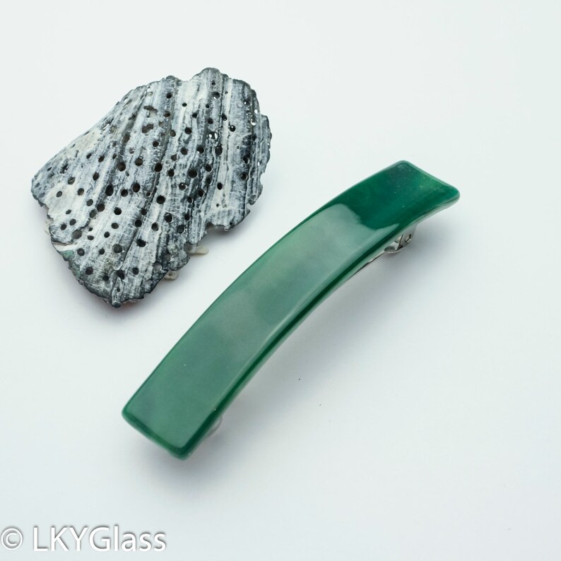 Fine Hair Clip Thick Hair Barrette WAGM Custom Dark Green Hair Barrette Green White French Barrette Medium Green Stain Glass Barrette