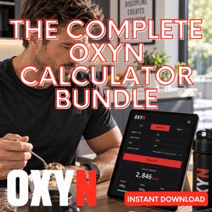 Pode incluir: Um tablet digital exibindo a interface da calculadora OXYN com uma meta diária de 2.846 kcal, proteínas e carboidratos. A tela mostra campos de peso, altura, idade e nível de atividade. Texto: THE COMPLETE OXYN CALCULATOR BUNDLE.