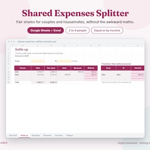 Shared Expenses Spreadsheet, Couples Budget Split by Income, Roommate Bill Splitter for Google Sheets and Excel