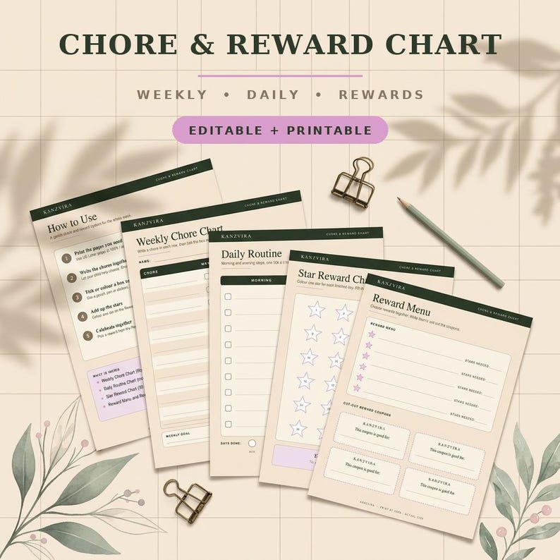 Kids Chore & Reward Chart, Editable Canva Template, Weekly Chore Chart ...