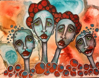 Original Mixed Media Painting, “Three Heads Are Better”,  9x12 unframed, by artist Sally Van Nuys