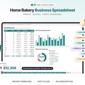 Pode incluir: Uma planilha digital para negócios de panificação caseira para Excel e Google Sheets com um painel de receitas mensais, gráficos de lucro e despesas. Inclui 14 abas para cálculo de receitas, preços de menu, pedidos, faturas e impostos.