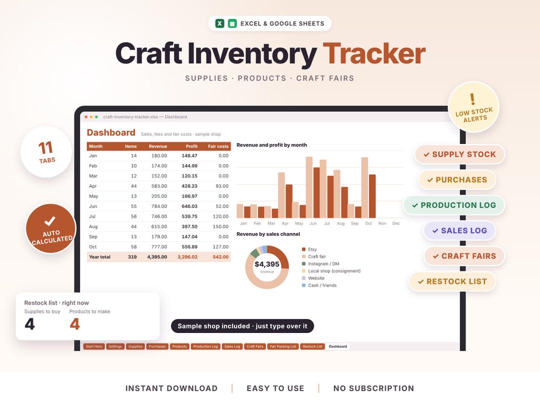 Craft Inventory Spreadsheet for Excel & Google Sheets, Supply Tracker ...