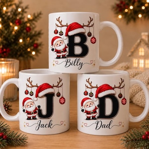 Caneca de Natal Personalizada com Inicial do Papai Noel | Caneca de Cerâmica Personalizada com Nome, 325ml | Presente Festivo para a Família