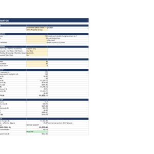 Pode incluir: Um documento de planilha Job Estimator com cabeçalhos azul-escuro e linhas brancas. Detalha as especificações do projeto de limpeza de janelas, incluindo o nome do trabalho Downtown Office Tower, contagem de janelas, opções de serviço e custos.