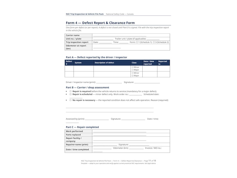 Trip Inspection Report Schedule 1 | NSC Daily Vehicle Inspection Form ...