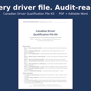 May include: A document titled Canadian Driver Qualification File Kit with the header Every driver file. Audit-ready. The page lists ten forms including a master checklist, employment application, and various safety and training records.