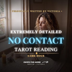 May include: A digital graphic featuring the text PERSONALLY WRITTEN BY VICTORIA, EXTREMELY DETAILED NO CONTACT TAROT READING, SAME HOUR, SWIPE FOR MORE, and MEDIUM VICTORIA, overlaid on a person sitting at a table with a candle.