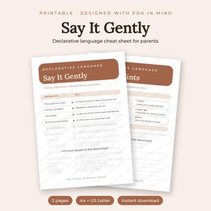 May include: A two-page printable declarative language cheat sheet titled Say It Gently, designed for parents. The document features brown headers, white backgrounds, and lists of communication examples for daily routines.