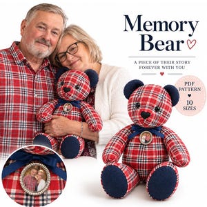 May include: A stuffed teddy bear made from red, white, and black plaid fabric with dark blue ears and foot pads. A dark blue ribbon is tied around its neck, featuring a small oval photo frame. Text reads Memory Bear, A PIECE OF THEIR STORY FOREVER WITH YOU, PDF PATTERN, 10 SIZES.