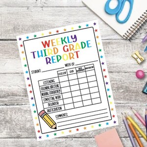 May include: A colorful weekly third-grade report with a star-bordered design. The report includes sections for student information, week of, and evaluation criteria such as listening, behavior, and participation. A pencil illustration is in the corner.