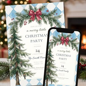 May include: A Christmas party invitation card and a smartphone displaying the same design. Both feature a light blue and white diamond pattern background, a pine tree with nutcracker ornaments, a red bow, and text reading Join us for a merry little Christmas party, December 24, The Smith Family, 123 Holly Lane, London, LL123, Festive drinks, dinner & good company, Dress festive.