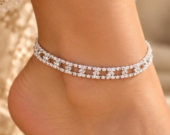 6Ct Round Lab Created Diamond Women's Tennis Anklet, 14K White Gold Plated Women's Ankle Bracelet, Elegant Silver Foot Jewelry, Gift For Her