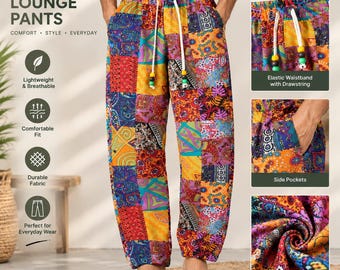 Bunte Haremshosen im Boho-Retro-Stil für Damen, Vintage-Paisley-Loungewear-Hosen mit elastischem Bund und Kordelzug, Yogahosen, Festival- und Freizeitkleidung
