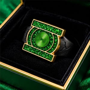 Könnte beinhalten: Ein Ring mit einem rechteckigen goldfarbenen Rahmen und einem zentralen grünen kreisförmigen Emblem, das von einer strukturierten grünen Einlage umgeben ist. Das Band ist schwarz mit rissiger Oberflächenstruktur und liegt in einer schwarzen Box mit goldfarbenem Rand.