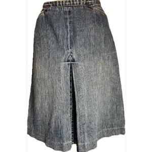 Vintage 90s Talbots Denim Midi Skirt Size 10 Medium Wash Blue Jean High Waisted Modest Front Slit Inverted Pleat Casual Normcore A Line