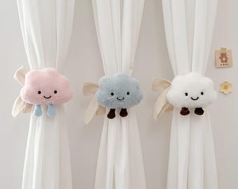 Cloud Curtain Tiebacks, 2 Pack Nursery Curtain Ties, Plush Ribbon Curtain Holders, Kids Room Window Decor, Pink Blue White