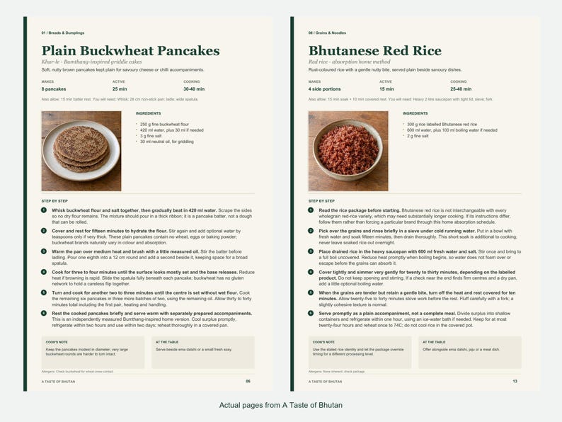 Two actual recipe pages from A Taste of Bhutan.