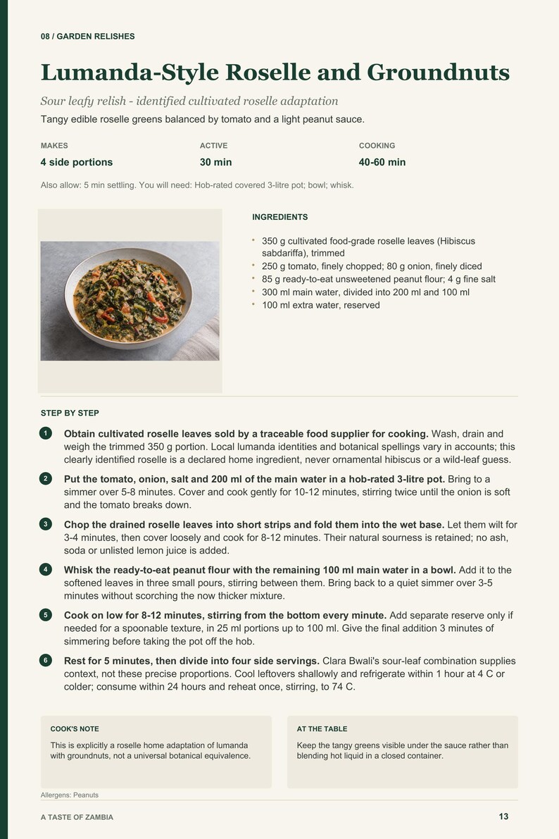 Actual PDF page 13 from A Taste of Zambia: Lumanda-Style Roselle and Groundnuts recipe page.