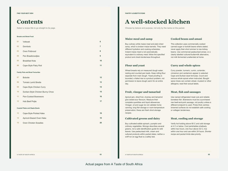 Actual contents and kitchen-notes pages from A Taste of South Africa.