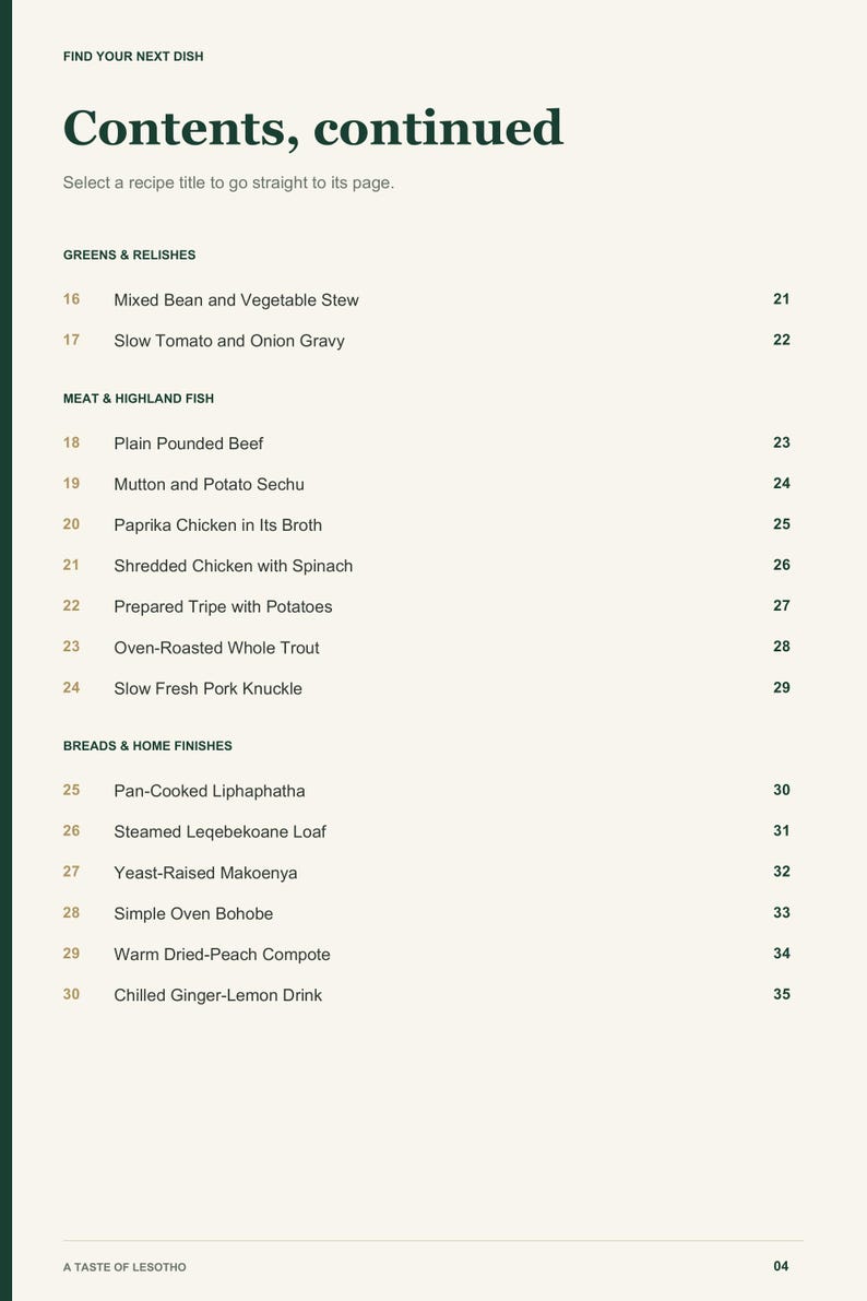 Actual PDF page 4 from A Taste of Lesotho: Contents, page 2.