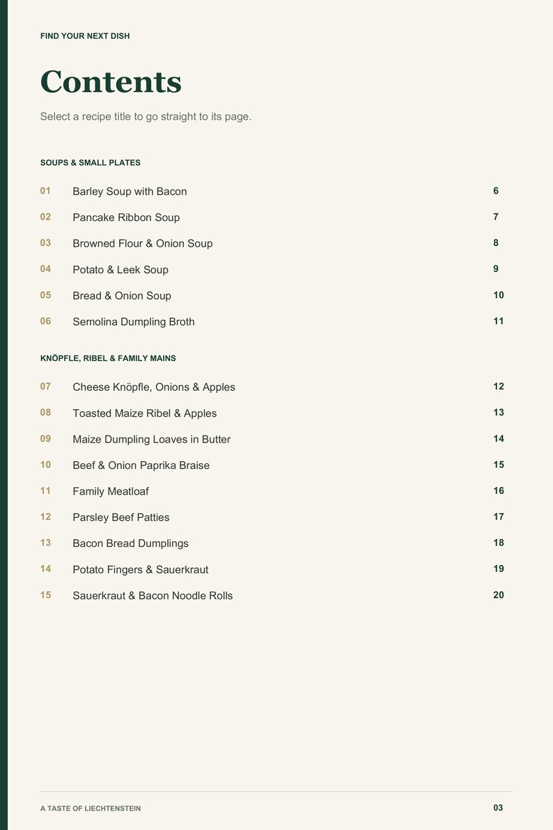 Actual PDF page 3 from A Taste of Liechtenstein: Contents, page 1.