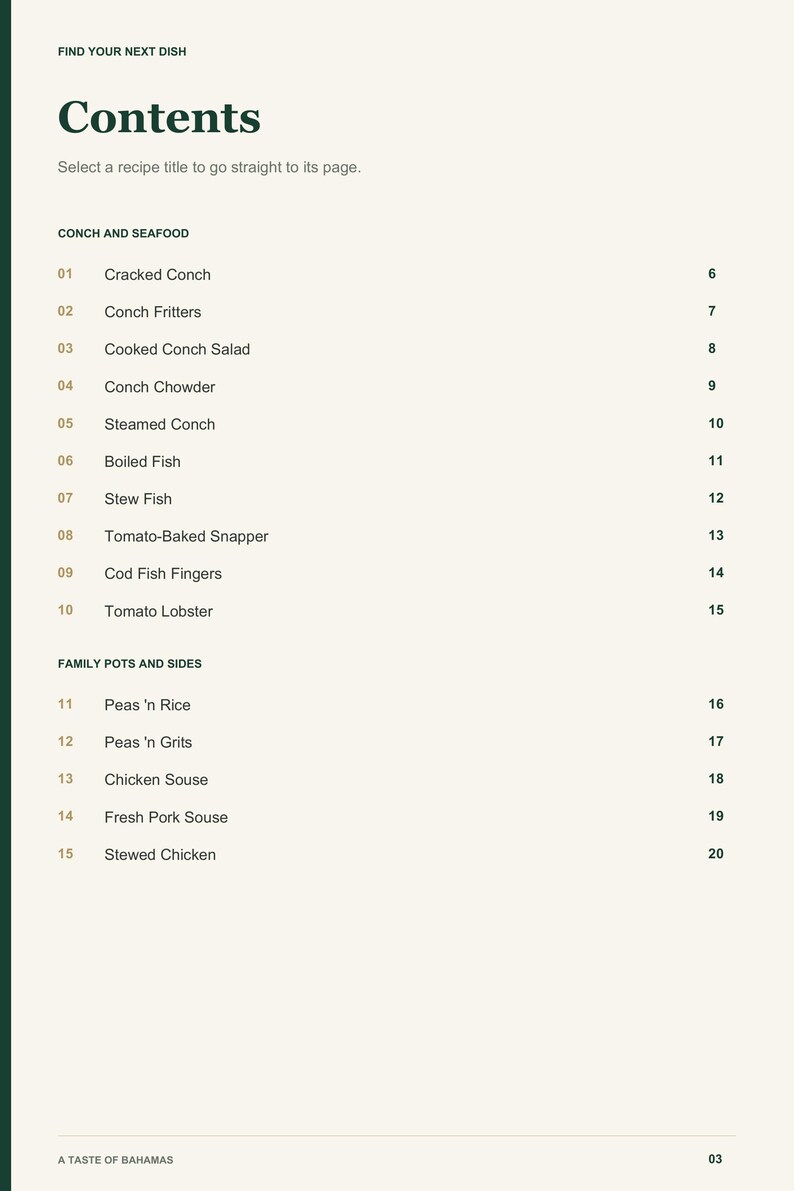 Actual PDF page 3 from A Taste of Bahamas: Contents, page 1.
