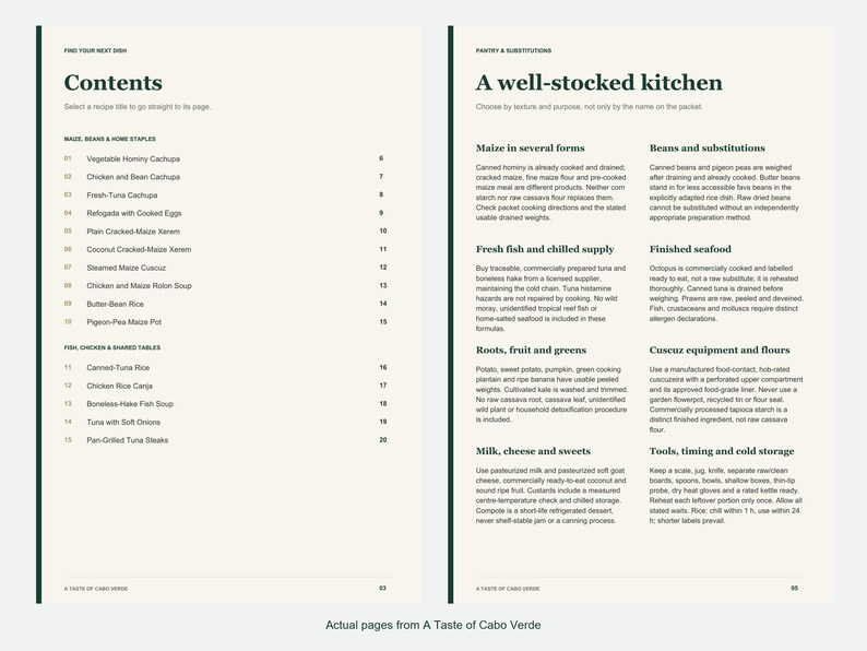 Actual contents and kitchen-notes pages from A Taste of Cabo Verde.