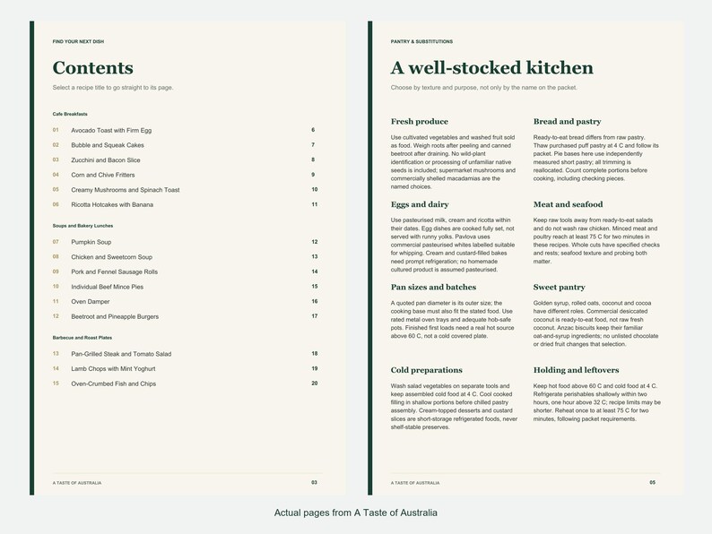 Actual contents and kitchen-notes pages from A Taste of Australia.