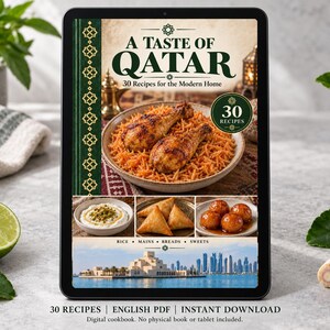 Digital cookbook mockup displaying the actual A Taste of Qatar cover. English PDF download only; no tablet or physical book included.
