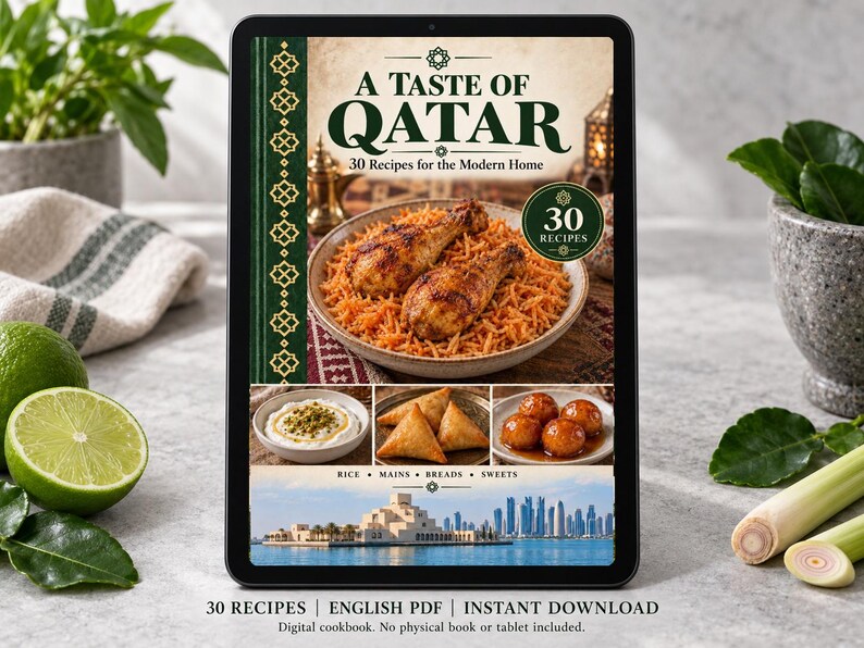 Digital cookbook mockup displaying the actual A Taste of Qatar cover. English PDF download only; no tablet or physical book included.