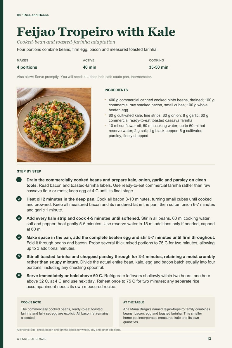 Actual PDF page 13 from A Taste of Brazil: Feijao Tropeiro with Kale recipe page.